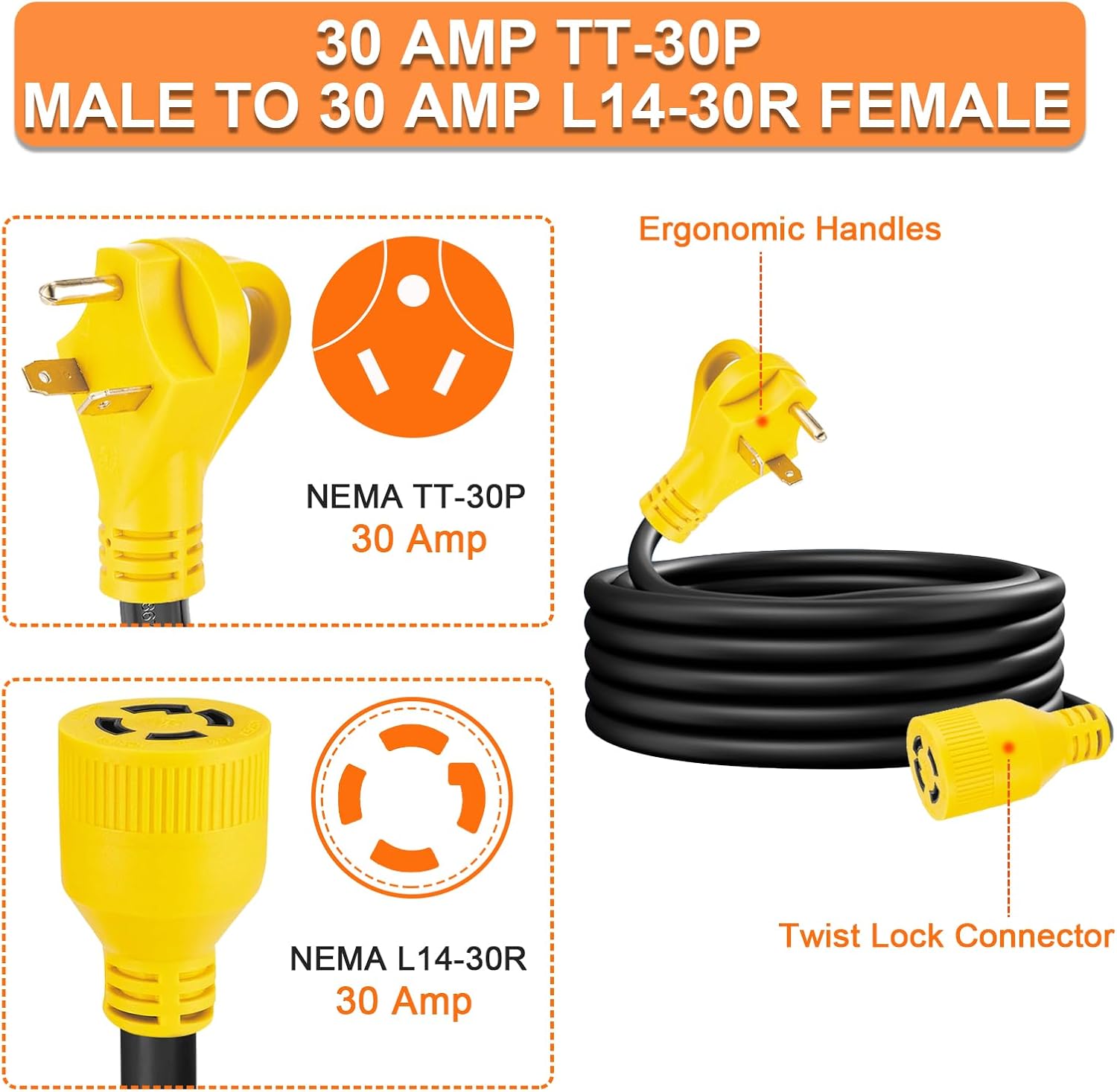 50ft Generator Transfer Switch Adapter Cord NEMA TT-30P to L14-30R, 3 Prong 30 Amp RV Generator TT-30 Male Plug to 4 Prong 30 Amp Inlet Box L14-30 Female Connector, STW 10AWG/3C, ETL Listed
