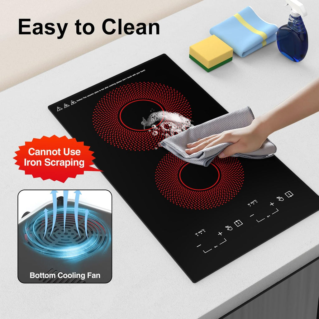 Electric Cooktop 2 Burners 2100W, 110v-120v Electric Stove Top 12 inch, Countertop & Built-in Cooktop, 20 Temperature 9 Power Levels, Child Lock, Timer, Over-Heat Protection