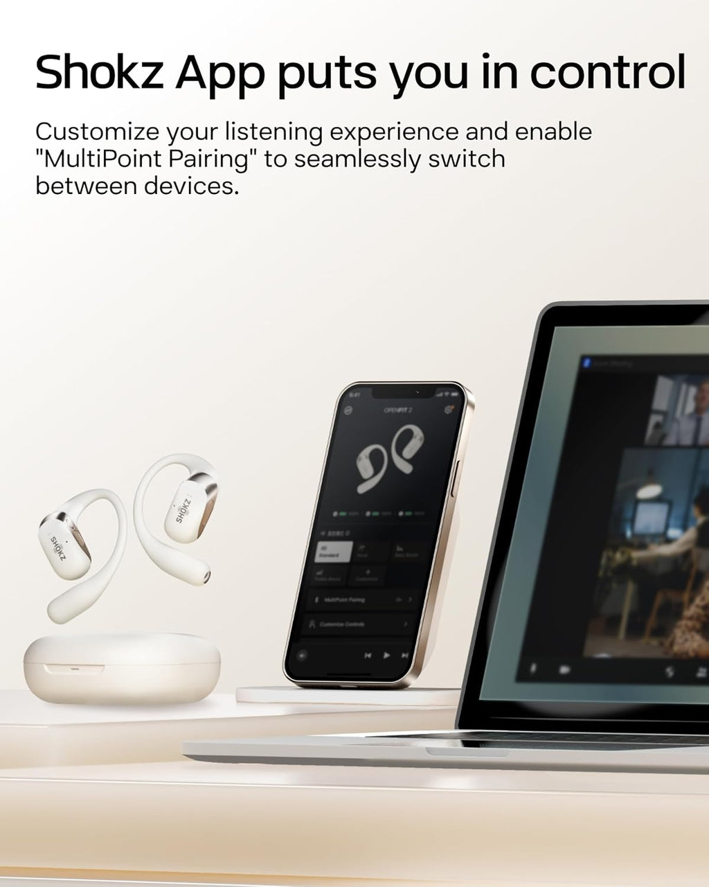 SHOKZ OpenFit 2 Open-Ear Headphones,True Wireless Bluetooth Earphones with Microphone,Earhook Earbuds with 48 Hours of Playtime,Fast Charging,IP55 Water-Resistant,with Carrying Bag,Beige,Bluetooth5.4