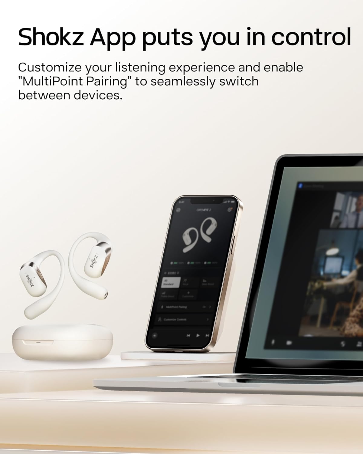 SHOKZ OpenFit 2 Open-Ear Headphones,True Wireless Bluetooth Earphones with Microphone,Earhook Earbuds with 48 Hours of Playtime,Fast Charging,IP55 Water-Resistant,with Carrying Bag,Beige,Bluetooth5.4