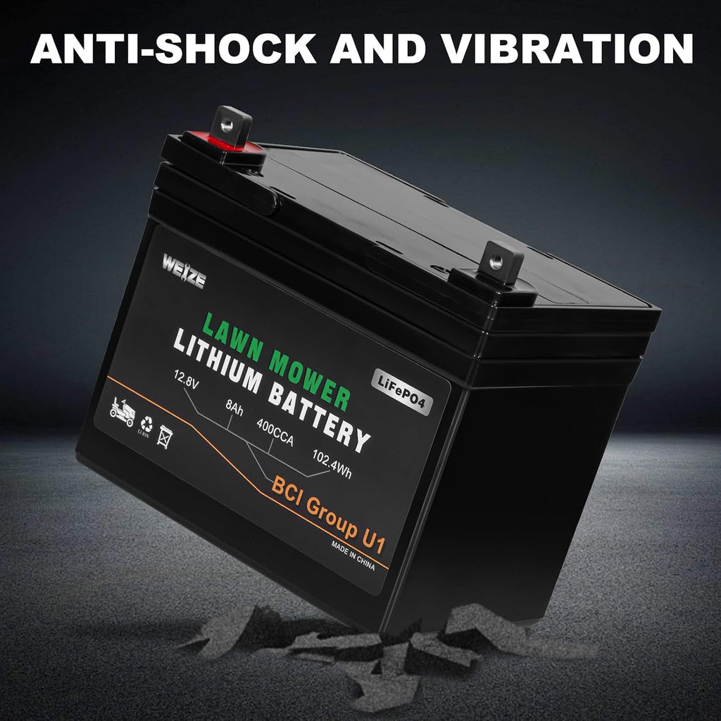 WEIZE 12.8V 8Ah Lithium Battery for Lawn Mower and Tractor, 400CCA BCI Group U1 LiFePO4 Batteries, Fits with John Deere, Toro, Cub Cadet, and Craftsman