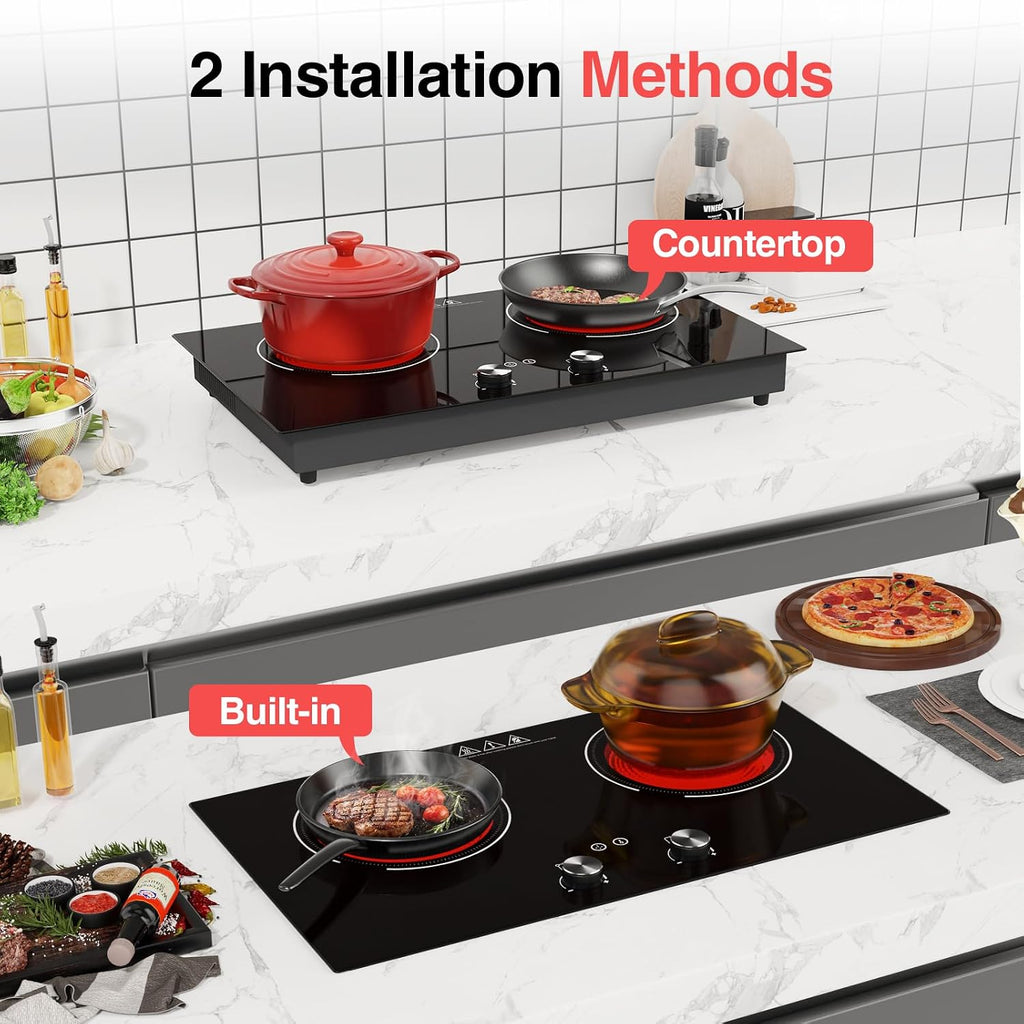 4000W Electric Cooktop: 24' Electric Stove 2 Burner Hot Plate Double Burner, Knob Control Countertop & Built-in, 9 Power Levels, Child Lock, Timer, Suitable for All Pans