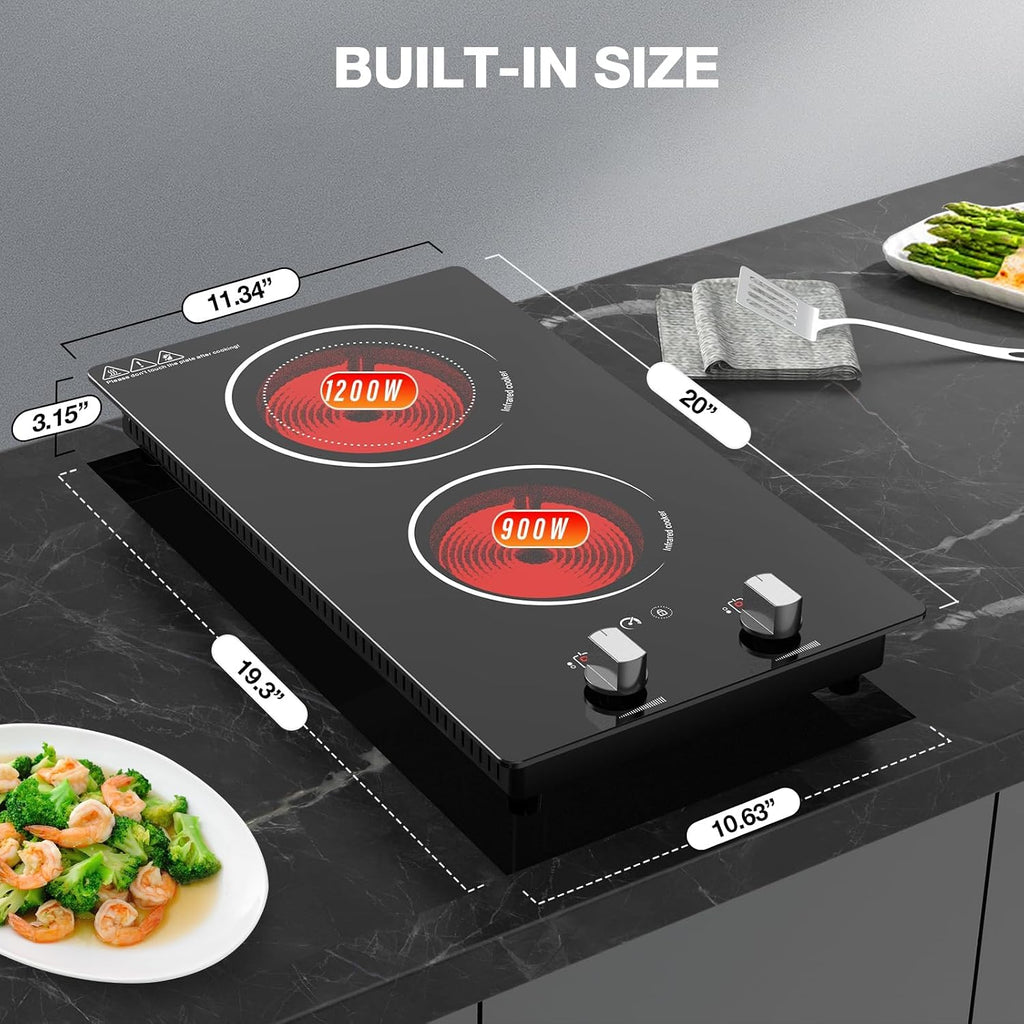 2 Burner Electric Cooktop - 12' Infrared Electric Stove Top with Knob Control, Countertop & Built-in, 2100W Ceramic Electric Hot Plate with 9 Power Levels, Child Lock, Timer, Residual Heat Warning