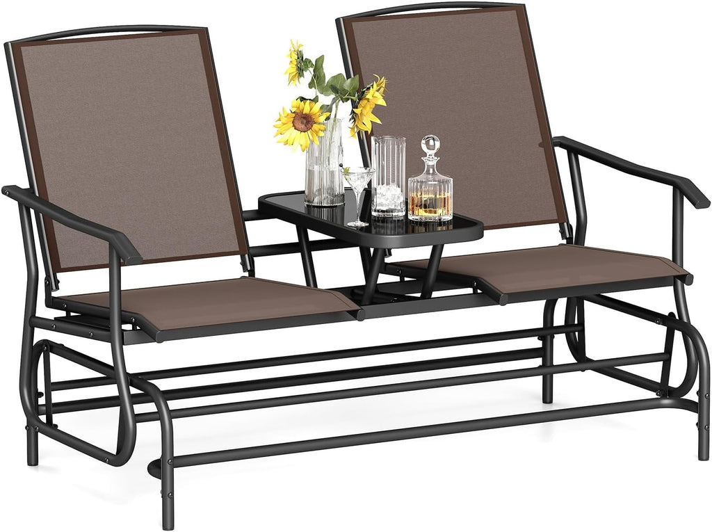 Tangkula 2 Person Swing Glider Chair, Patio Rocking Loveseat w/Center Tempered Glass Table, Outdoor Swing Bench w/Steel Frame & Breathable Mesh Fabric for Porch, Balcony, Poolside (Brown)