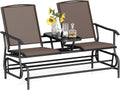 Tangkula 2 Person Swing Glider Chair, Patio Rocking Loveseat w/Center Tempered Glass Table, Outdoor Swing Bench w/Steel Frame & Breathable Mesh Fabric for Porch, Balcony, Poolside (Brown)