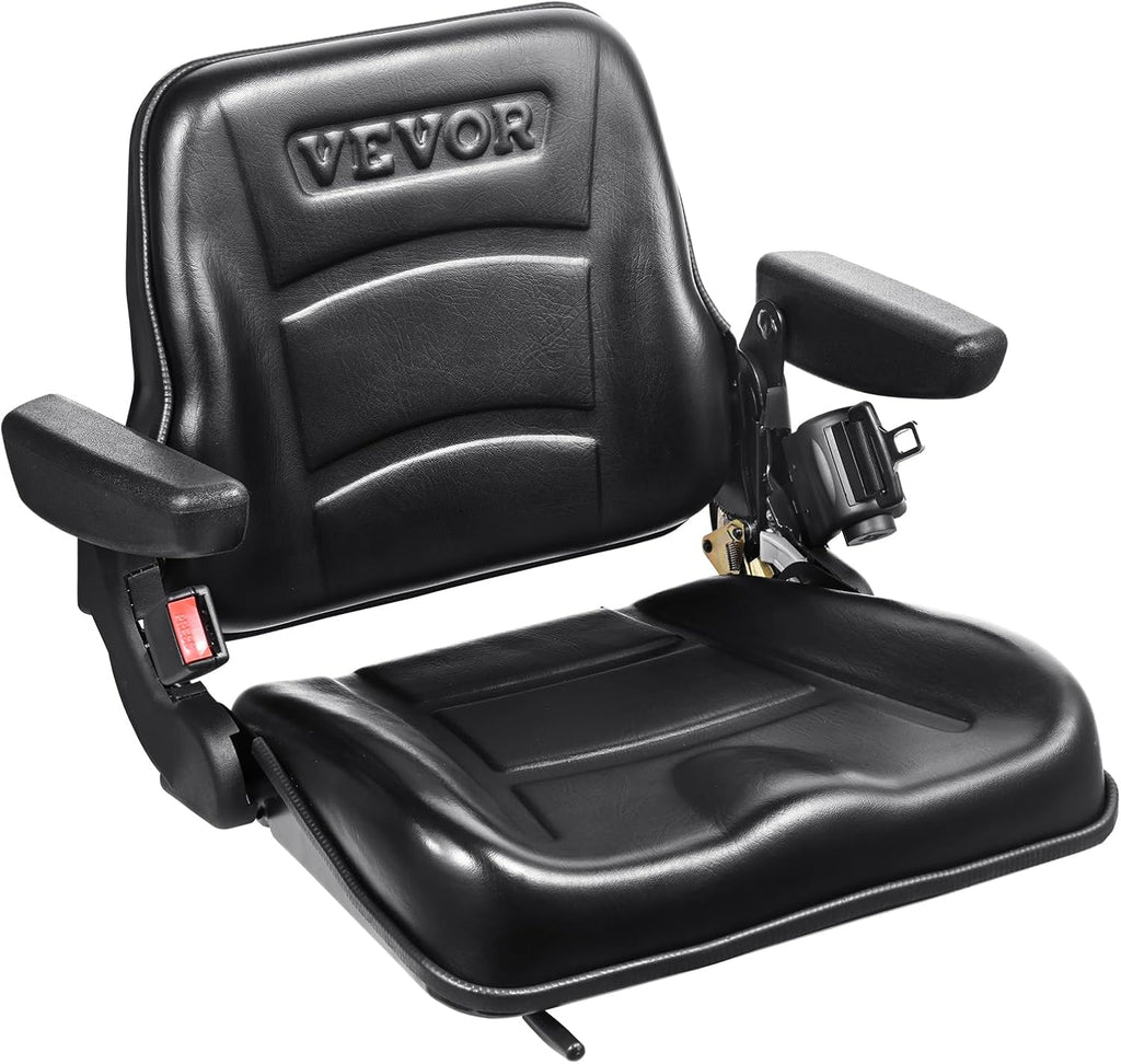 VEVOR Fold Down Tractor Seat with Adjustable Angle Back, Micro Switch, Seatbelt and Armrests, 6.3-13.4 inch Slot Seat for Loader, Excavator