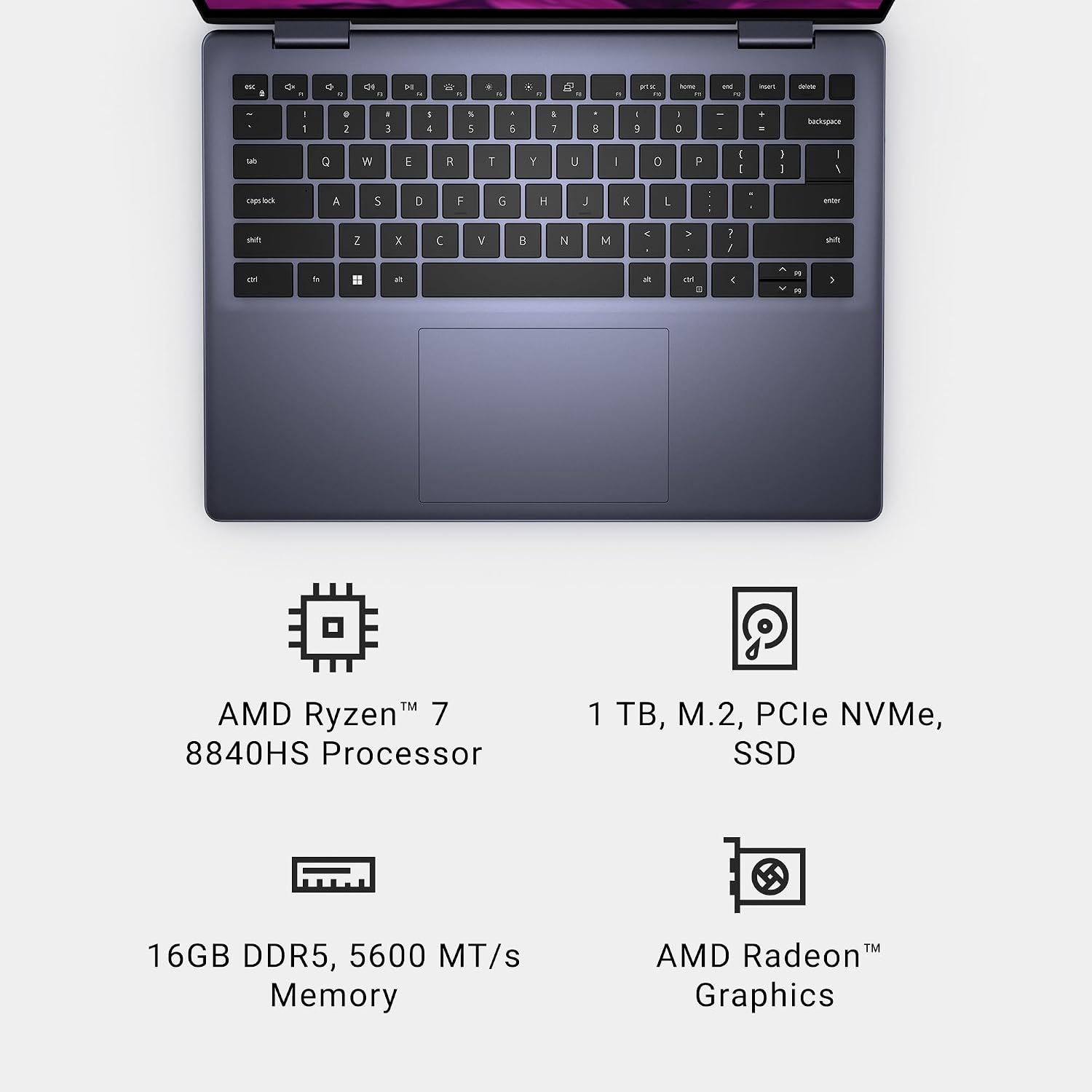 Inspiron 14 2-in-1 Laptop 7445-14-inch Touch FHD+ Display, AMD Ryzen™ 7 8840HS Processor, AMD Radeon™ Graphics, 16GB DDR5 Memory, 1TB SSD, English US Backlit Copilot Key Keyboard, Windows Home 11