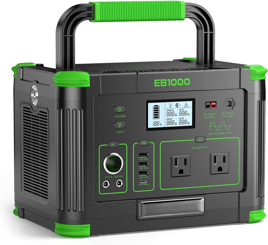 Portable Power Station 1000W, 999Wh Solar Generator, 110V Pure Sine Wave AC Outlets, 60W USB-C PD Fast Charging, 10 Ports for Outdoor Camping RV Van Home Backup Emergency Off-Grid Living（2000W Peak）