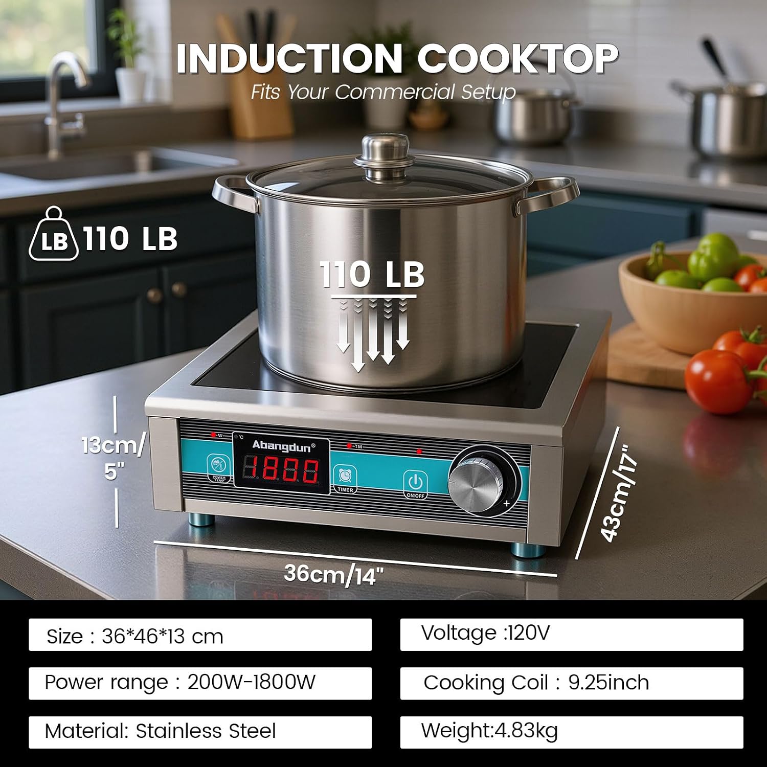 Commercial Grade Countertop Burner 1800 W /120V Commercial Induction Cooktop 9.25-Inch Heating Coil Hot Plate for home kitchens, apartments, small restaurants