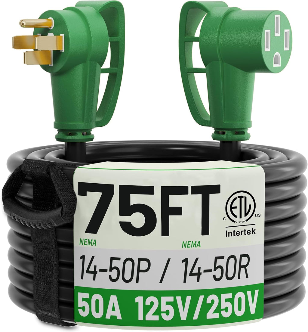 POWGRN NEMA 14-50P to NEMA 14-50R 50 Amp RV/EV Extension Cord 75 FT Outdoor with Grip Handle, Flexible Heavy Duty RV Power Cord Waterproof, 50A 125/250V 6250/12500W STW, Black-Green, ETL Listed
