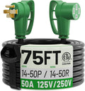 POWGRN NEMA 14-50P to NEMA 14-50R 50 Amp RV/EV Extension Cord 75 FT Outdoor with Grip Handle, Flexible Heavy Duty RV Power Cord Waterproof, 50A 125/250V 6250/12500W STW, Black-Green, ETL Listed