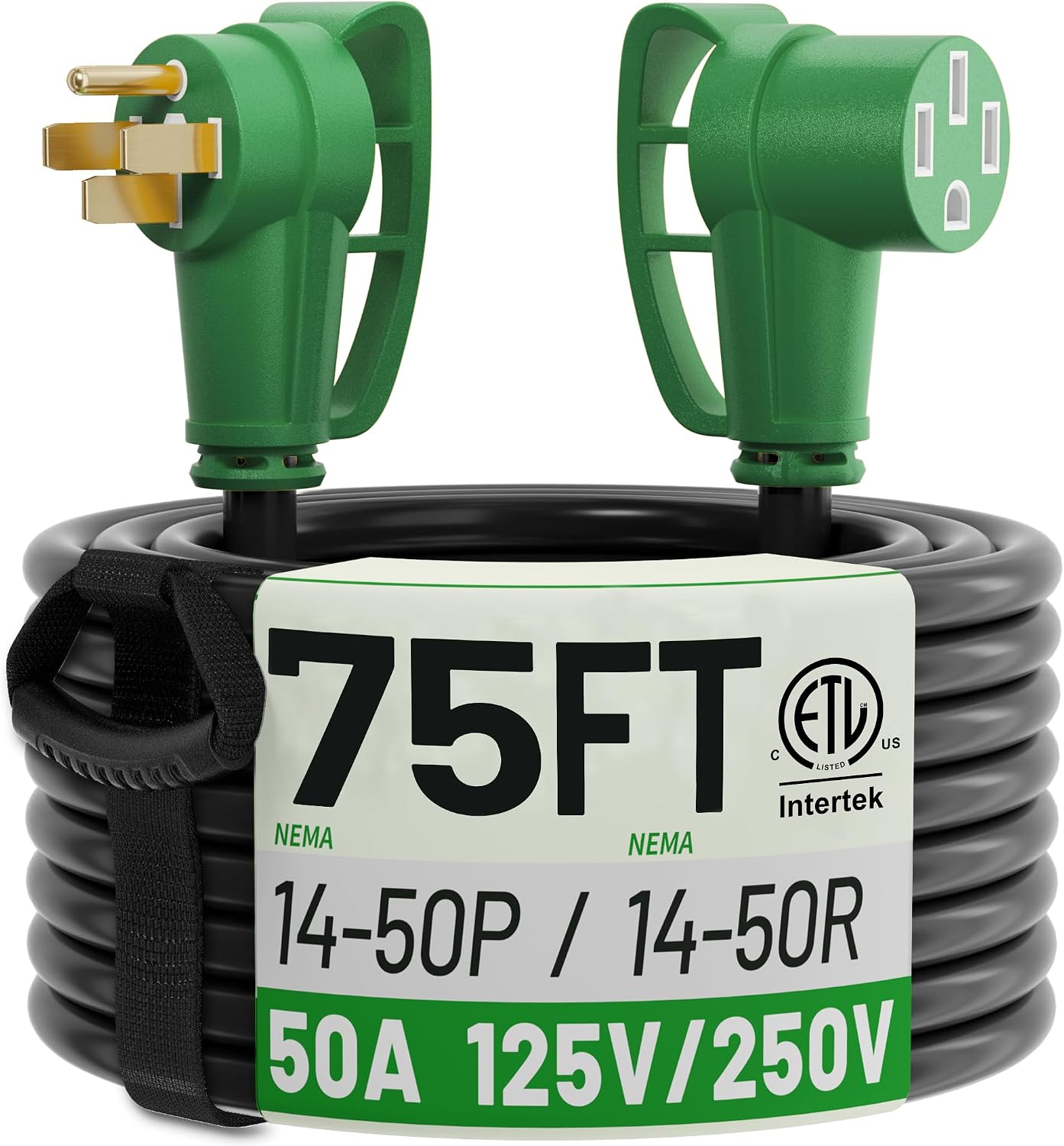 POWGRN NEMA 14-50P to NEMA 14-50R 50 Amp RV/EV Extension Cord 75 FT Outdoor with Grip Handle, Flexible Heavy Duty RV Power Cord Waterproof, 50A 125/250V 6250/12500W STW, Black-Green, ETL Listed