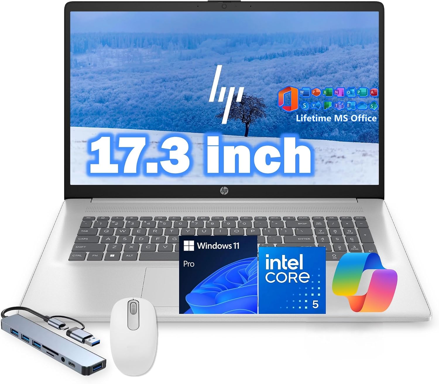 HP 17.3' FHD Laptop Computer, Intel Core i5-1334U, 16GB RAM, 512GB PCI-E SSD, Windows 11 Pro, Free Lifetime MS Office • Copilot AI, Intel Iris Xe Graphics, 8-in-1 HUB & Mouse, Natural Silver