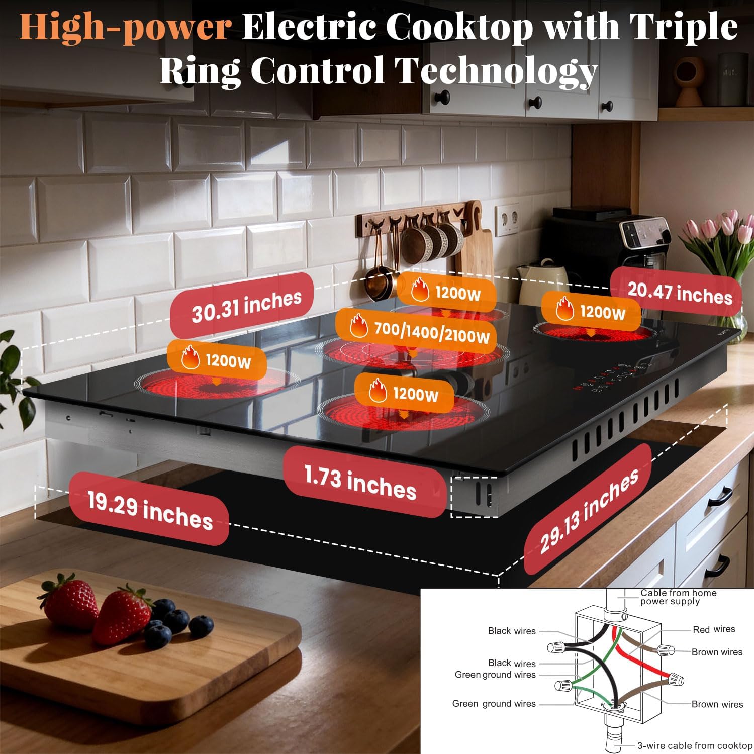 Noxton 30 Inch Electric Cooktop, 5 Burner Ceramic Cooktop with Triple Ring Expandable Burner, Built-in Radiant Electric Stove Top, 9 Power Levels, Timer, Child Safety Lock, 240V Hardwired