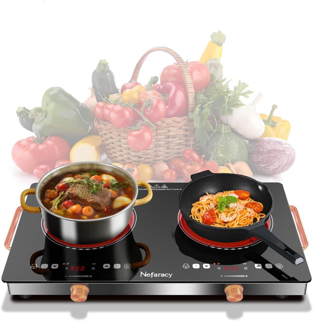 2 Burner Electric Cooktop 24 inch, 110-120V Plug in 2000W Ceramic Cooktop, Portable Electrics Stove with Handles,Touch & Knob Control, Safety Lock, 9 Heating Levels, 240Mins Timer, Overheat Protection
