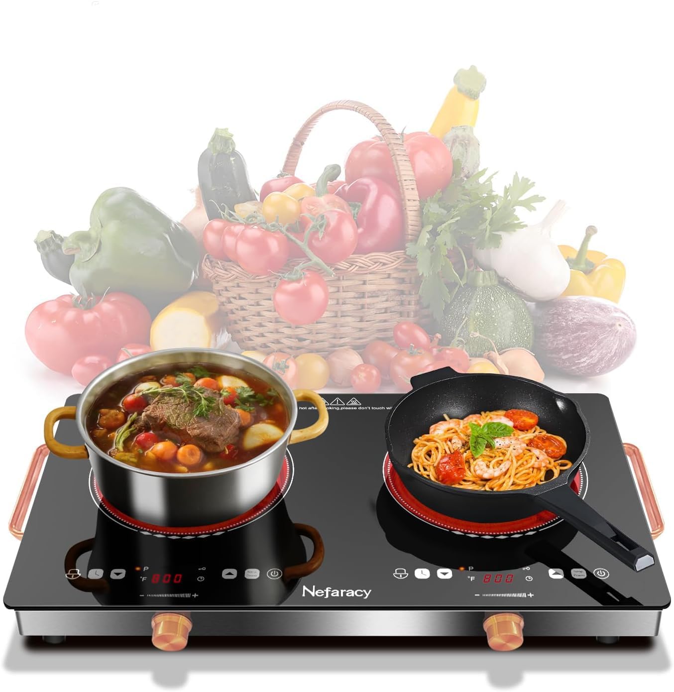 2 Burner Electric Cooktop 24 inch, 110-120V Plug in 2000W Ceramic Cooktop, Portable Electrics Stove with Handles,Touch & Knob Control, Safety Lock, 9 Heating Levels, 240Mins Timer, Overheat Protection
