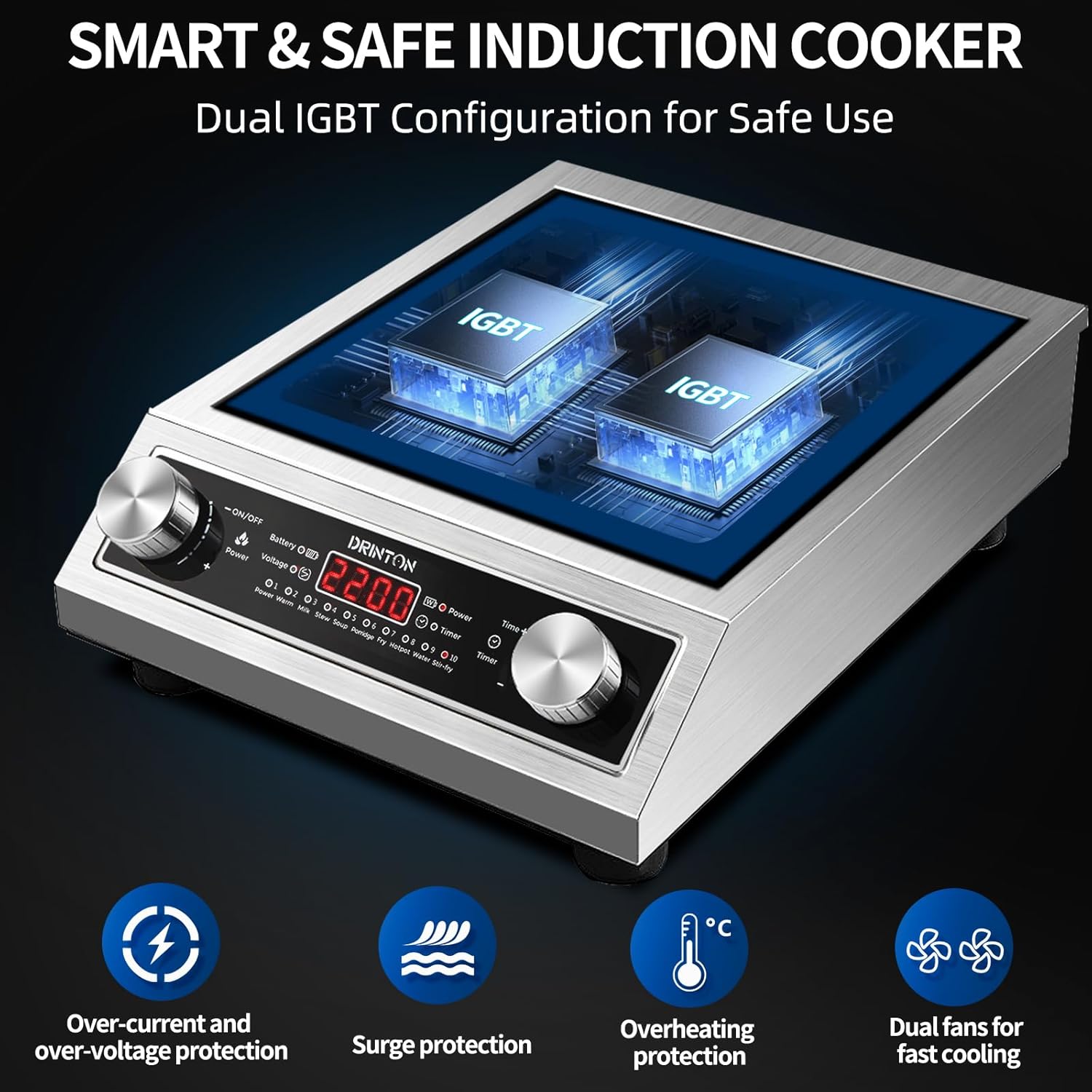Induction Cooker, 2200W Commercial Induction Cooktop, Large Countertop Burner with 10 Cooking Functions & Dual IGBT for Safe Use, Portable Stainless Steel Hot Plate with 3 Hours Timer, 120V