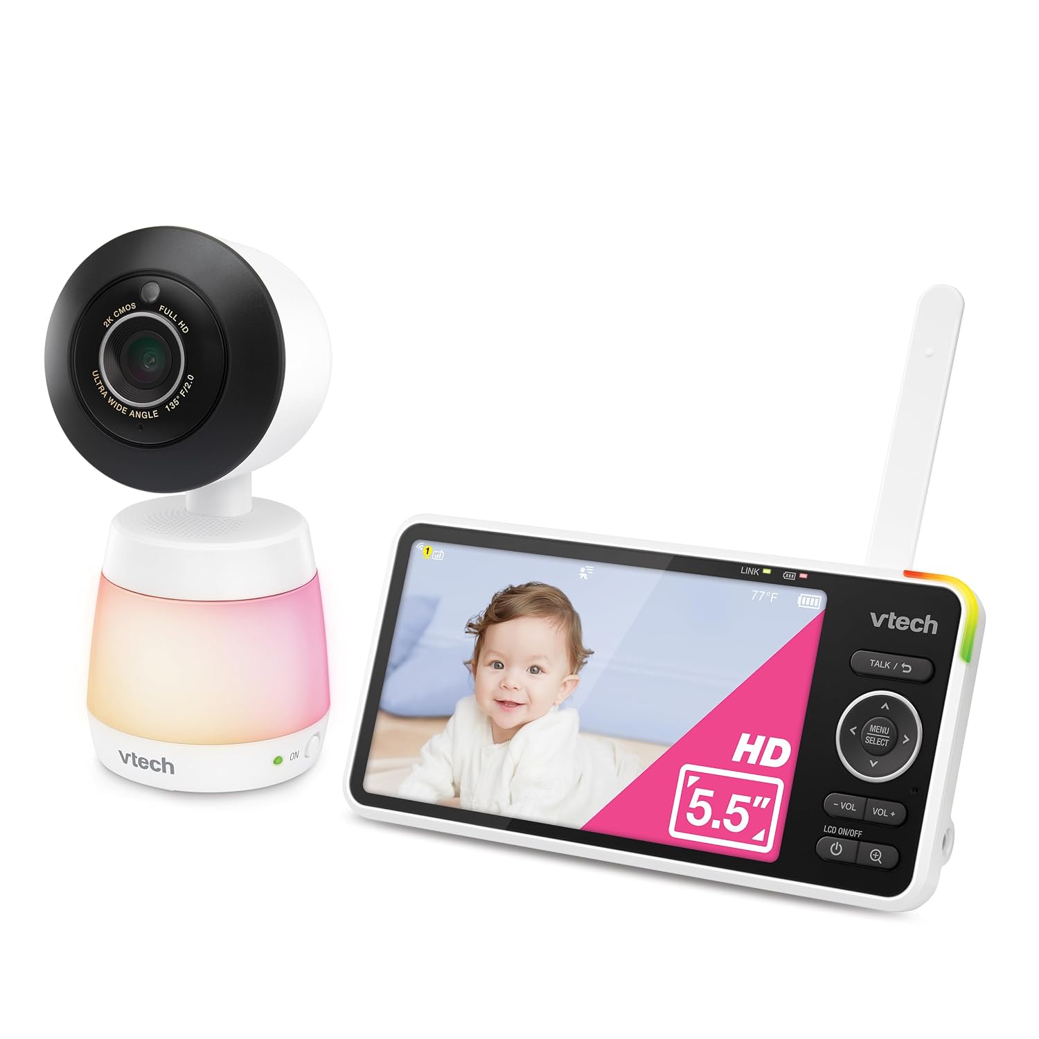 VTech Smart HD Plus WiFi Baby Monitor – 2K Camera, 5.5' HD IPS Screen, 24X Pan Tilt Zoom, Multi-Color Night Light, Free App