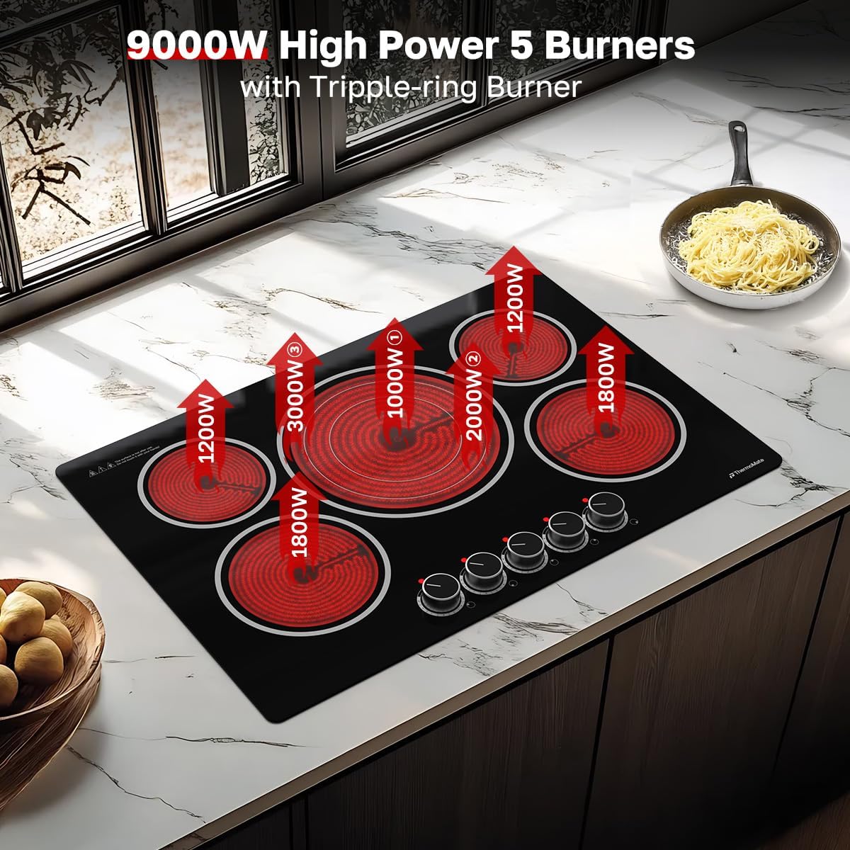 ThermoMate 30 Inch Electric Cooktop, 5 Burners Knob Control Built-in Ceramic Cooktop, 30' Radiant Electric Stove Top of 9000W with 9 Heat Levels, Hot Surface Indicator, 220-240v, Hard Wired