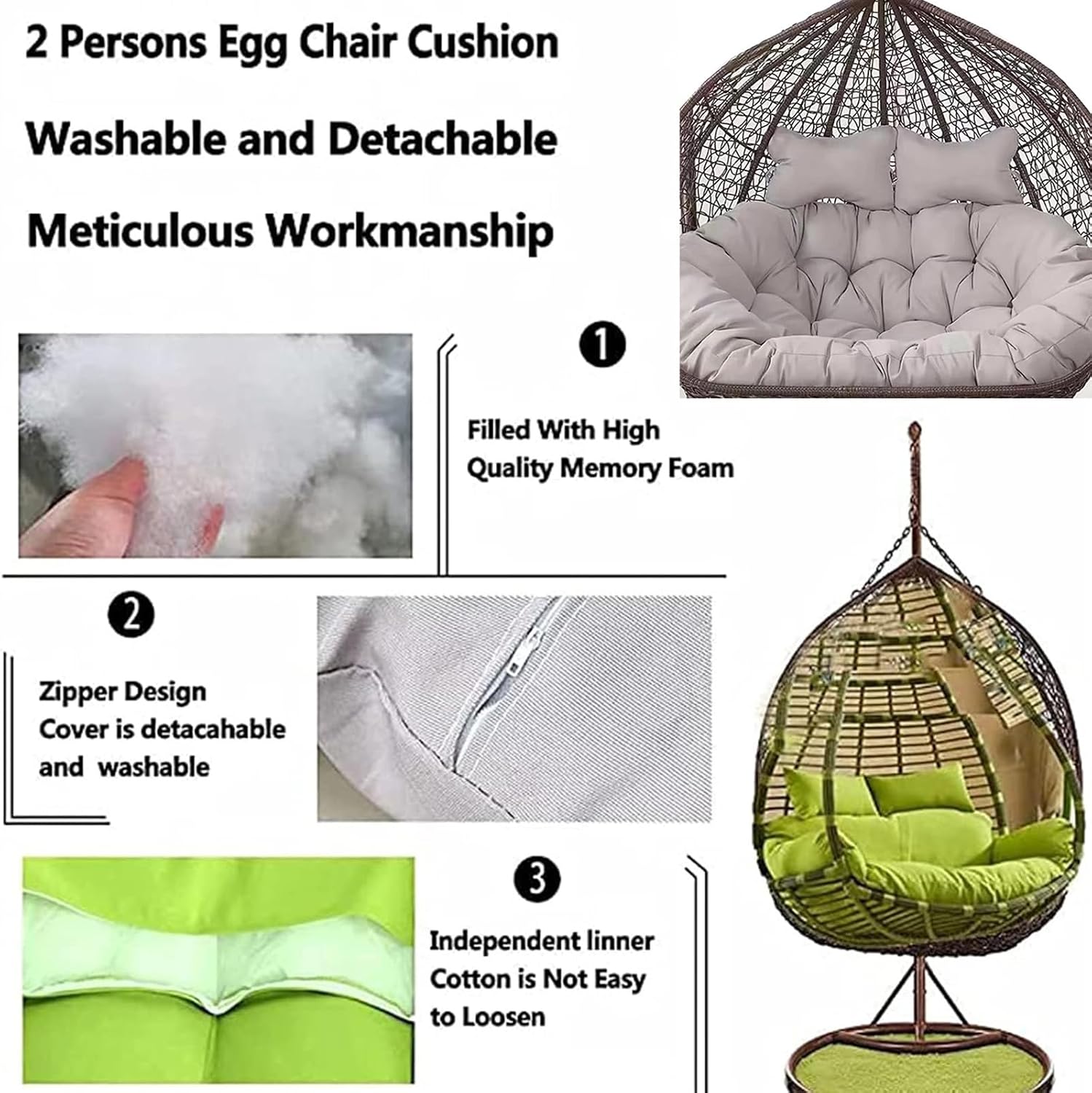 2 Seater Egg Chair Swing Cushion Outdoor, 2 Person Hanging Egg Chair Cushion, Double Hanging Basket Chair Cushion, Hanging Hammock Chair Cushion Replacement (Only Cush(Size:170X120CM,Color:Dark Gray)