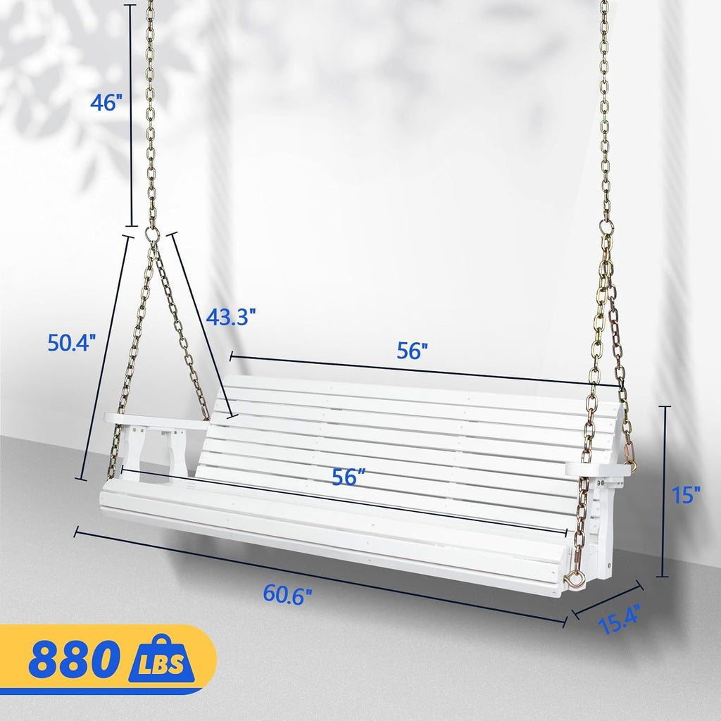 VINGLI Upgraded Patio Wooden Porch Swing for Courtyard & Garden, Heavy Duty 880 LBS Swing Chair Bench with Hanging Chains for Outdoors (5 FT, White)