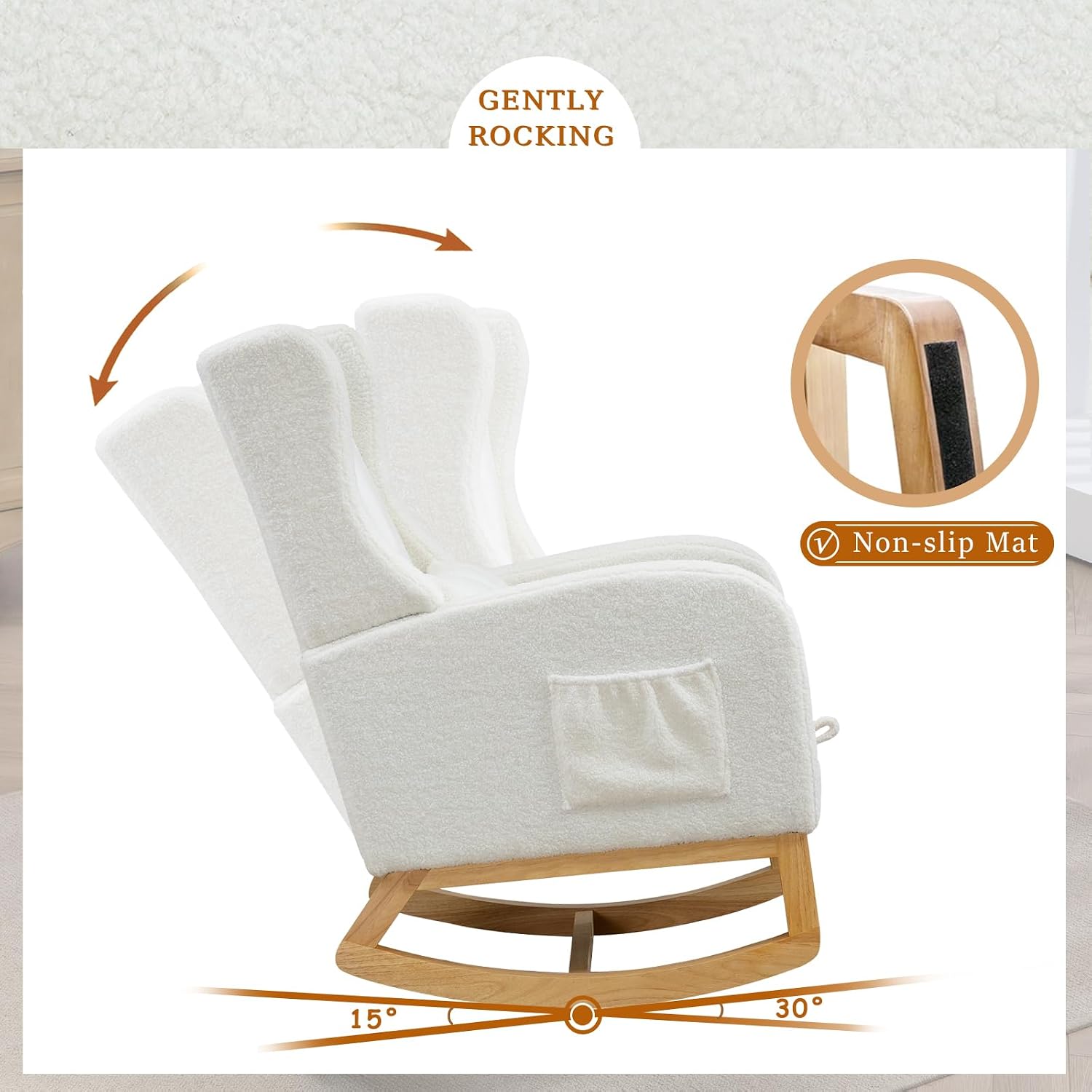 Modern Rocking Chair Nursery Glider, Comfy Rocker Nursery Chair with Foot Rest, Accent Reading Armchair with Pillow and Pocket, Upholstered Lounge Rocker with Solid Wood Base for Relaxing (Ivory)