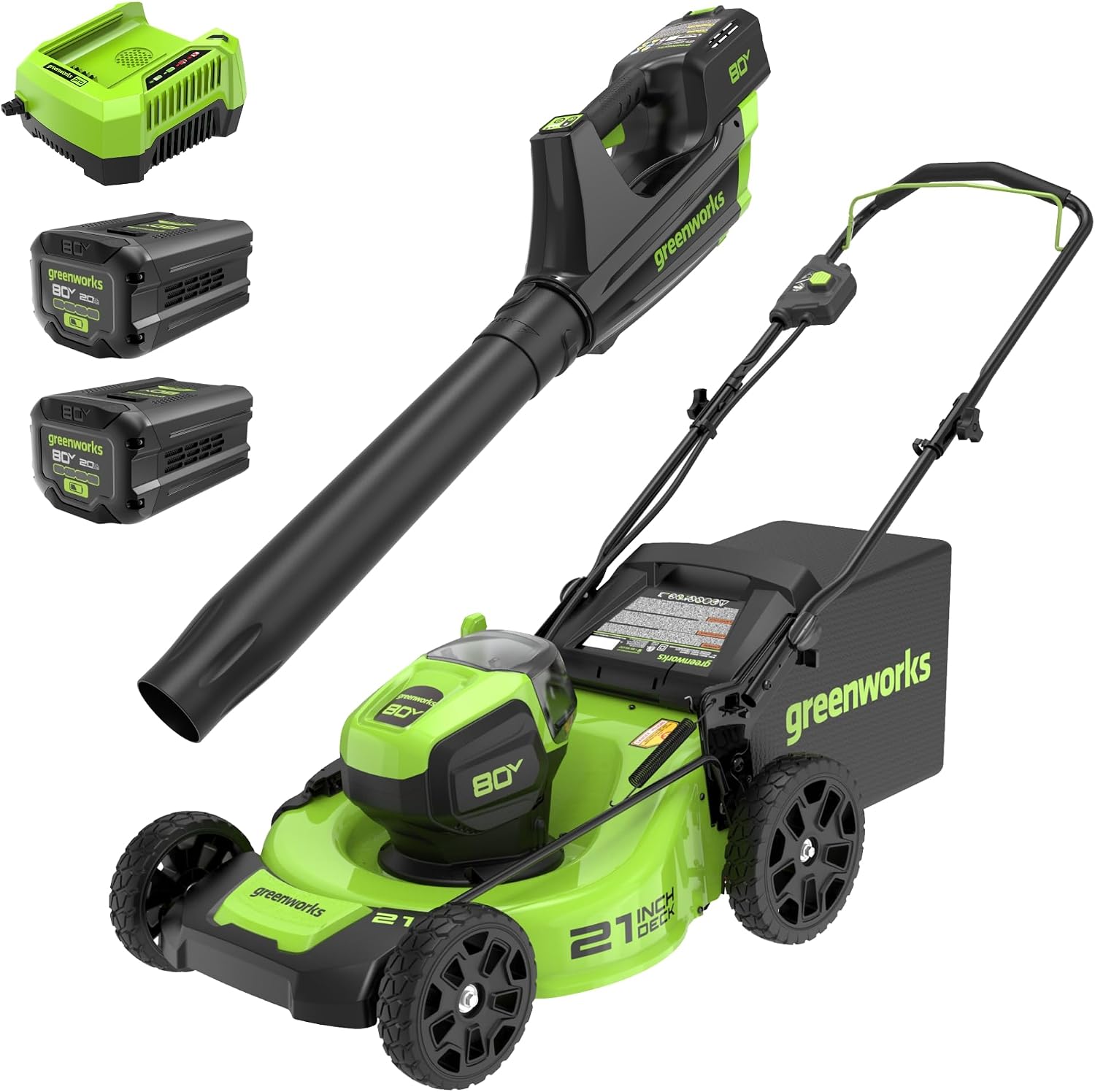 Greenworks 80V 21' Brushless (Push) Cordless Electric Lawn Mower + (500 CFM) Axial Leaf Blower (75+ Compatible Tools), (2) 2.0Ah Batteries and 30 Minute Rapid Charger