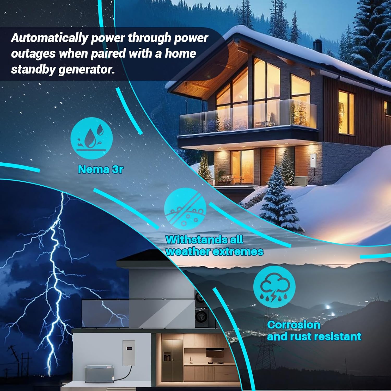200 Amp Automatic Transfer Switch Replacement for Generac RXSW200A3,w/Power Management 120/240V, 1-Phase, Open Transition Service Rated, NEMA 3R Aluminum Enclosure for Indoor and Outdoor Use