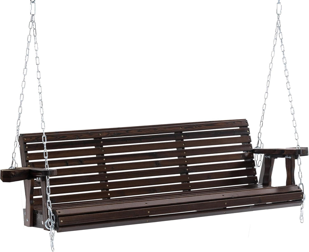 Finnhomy Fir Wooden Hanging Porch Swing Beach with Cupholders and Hanging Chains, 880 LBS Weight Capacity with 5 ft. Seat Width, for Outdoor Patio Garden Backyard(Rustic,Swing)