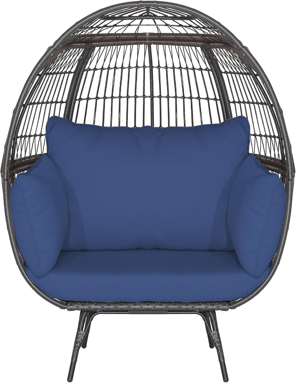 Tangkula PE Wicker Egg Chair, Patiojoy Oversized Indoor Outdoor Patio Lounge Chair with Cushions and Pillows, Steel Frame Basket Chair for Garden, Deck, Balcony, Living Room (Navy)