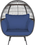 Tangkula PE Wicker Egg Chair, Patiojoy Oversized Indoor Outdoor Patio Lounge Chair with Cushions and Pillows, Steel Frame Basket Chair for Garden, Deck, Balcony, Living Room (Navy)