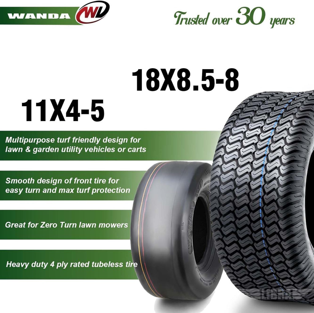 WANDA Set 4 Zero-Turn Lawn Mower Turf Tires 11x4-5 Front & 18x8.5-8 Rear /4PR -13204/13028...