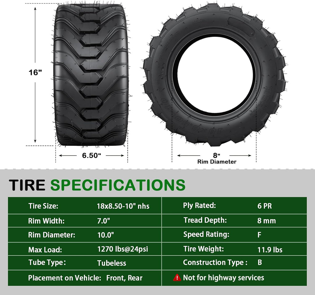 TRIPOWER 18x8.50-10 Garden Tractor Tires, 6 PR Tubeless, R4 Heavy Duty Farm and Lawn Master Tractor Tire Compatible with Kubota John Deere, Set of 2
