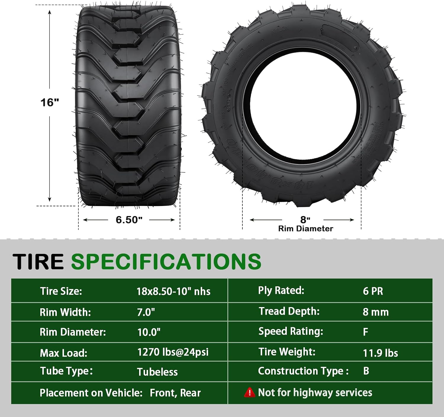 TRIPOWER 18x8.50-10 Garden Tractor Tires, 6 PR Tubeless, R4 Heavy Duty Farm and Lawn Master Tractor Tire Compatible with Kubota John Deere, Set of 2