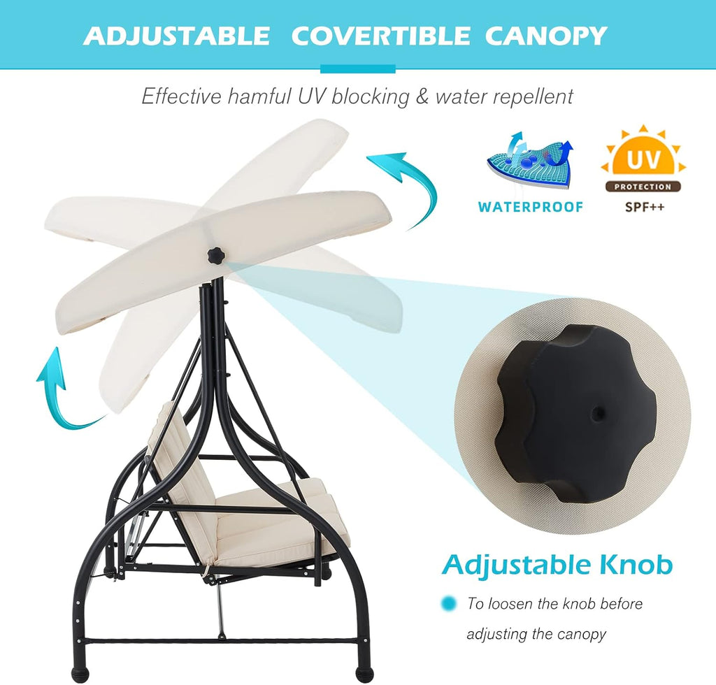 AECOJOY Porch Swing Chair, 3 Seats Porch Swing Adjustable Canopy Outdoor Swing with Stand Patio Swing Bed with Removable Beige Cushions