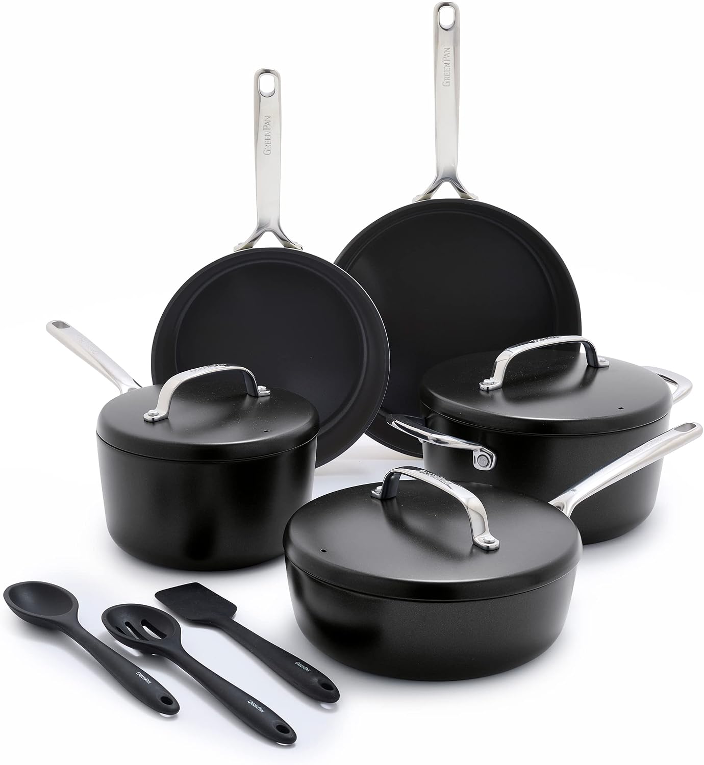 GreenPan GP5 Hard Anodized Healthy Ceramic Nonstick 14 Piece Cookware Pots & Pans Set,Heavy Gauge Scratch Resistant, Stay Flat Surface,Induction, Mirror Finish Handle,Oven Safe, PFAS-Free, Black