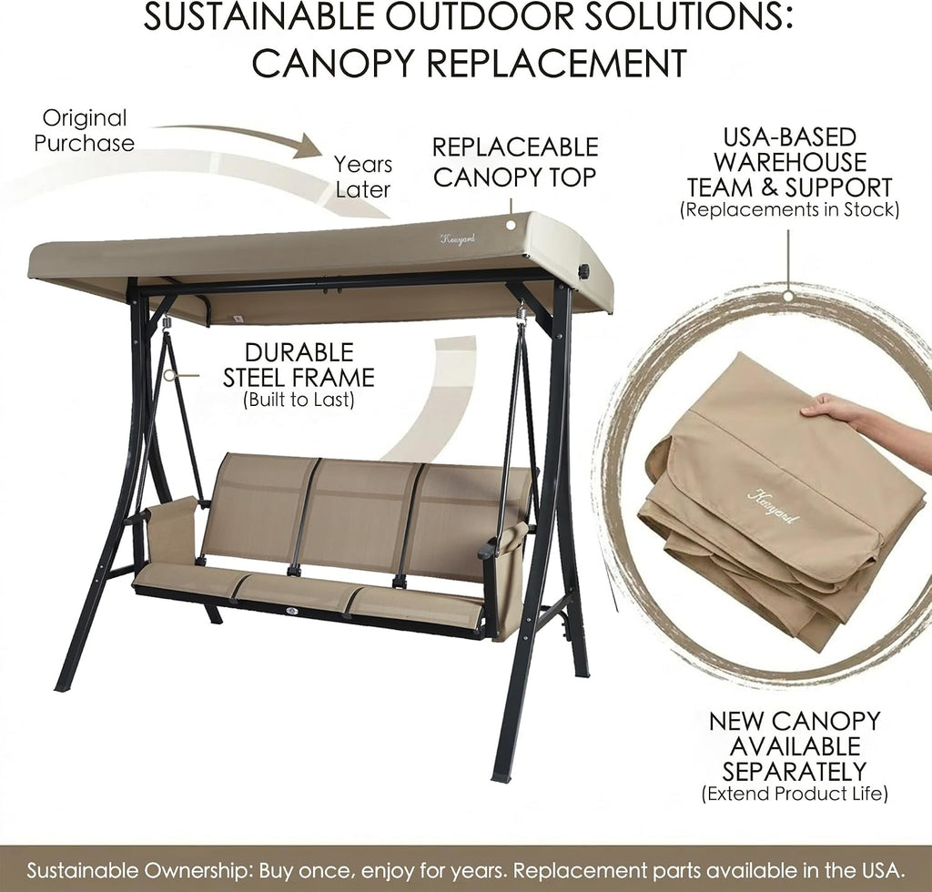Kozyard Brenda 3-Seat Outdoor Porch Swing Glider, Patio Swing with Adjustable Canopy, Steel Frame, Breathable Textilene Seat & Back, Side Pockets (Tan)