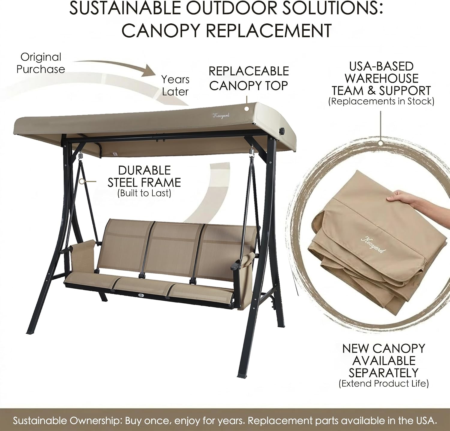 Kozyard Brenda 3-Seat Outdoor Porch Swing Glider, Patio Swing with Adjustable Canopy, Steel Frame, Breathable Textilene Seat & Back, Side Pockets (Tan)