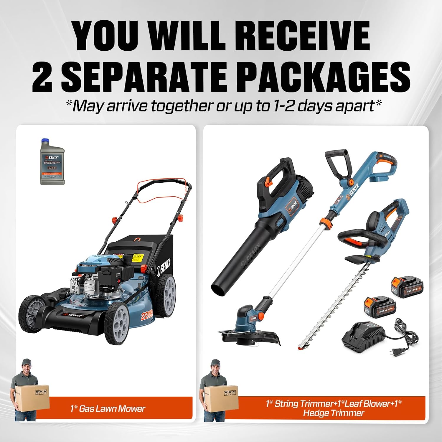 SENIX 22' Self-Propelled Gas Lawn Mower | X2 20V String Trimmer, Leaf Blower, and Hedge Trimmer [4-Piece Set], Includes 2 Batteries & Battery Charger