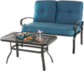 Outdoor 2 Pcs Patio Loveseat Bench Set with Bistro Coffee Table and Patio Steel Frame Sofa with Cushion, Wrought Iron Look, Lawn Front Porch Garden (Peacock Blue)