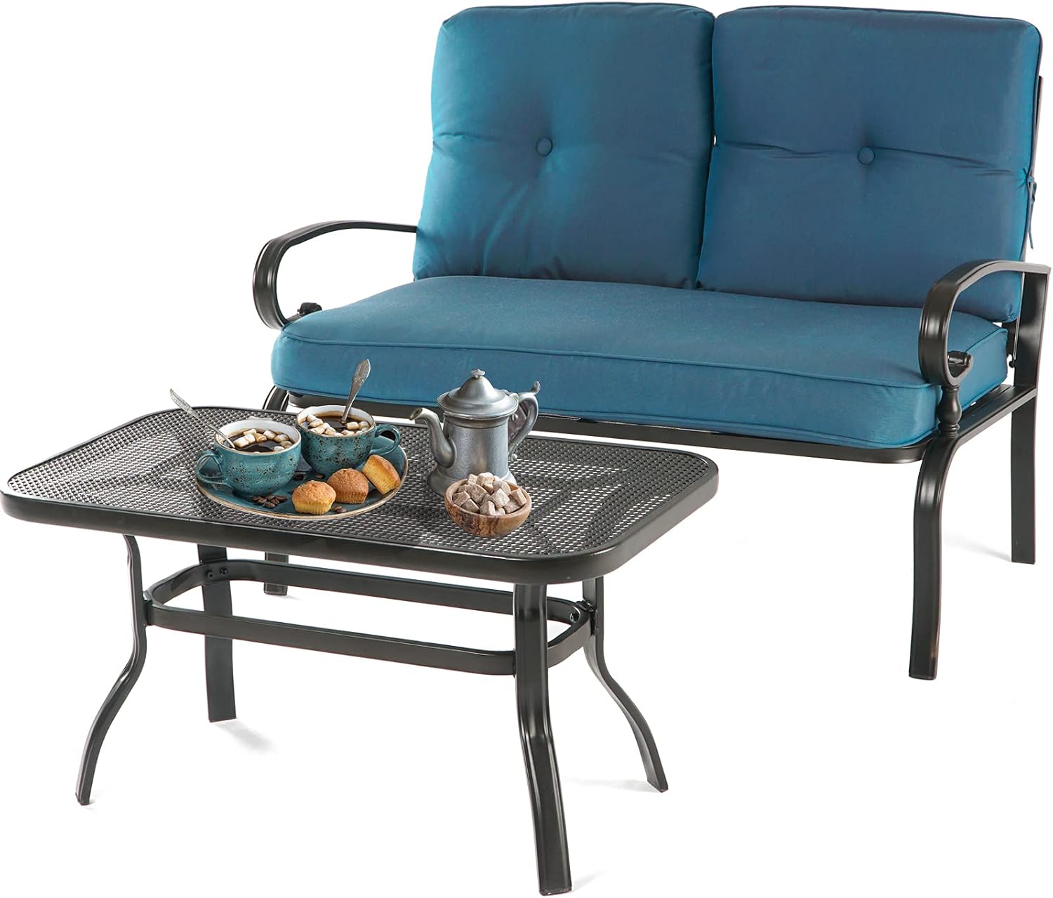 Outdoor 2 Pcs Patio Loveseat Bench Set with Bistro Coffee Table and Patio Steel Frame Sofa with Cushion, Wrought Iron Look, Lawn Front Porch Garden (Peacock Blue)