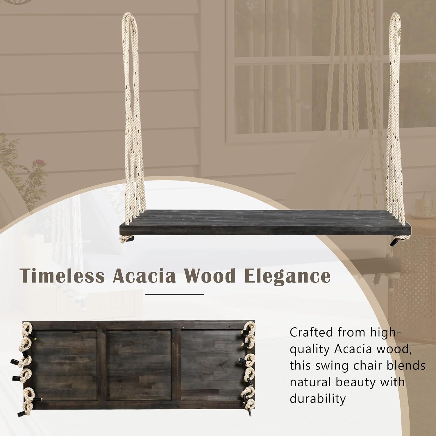 YOPTO Acacia Wood Porch Swing Bench with Cushion & Pillows, 63' Outdoor Hanging Bench for 2 Adults, Rustic Heavy Duty 10.8ft Ropes Swing Daybed for Patio Backyard Garden, White