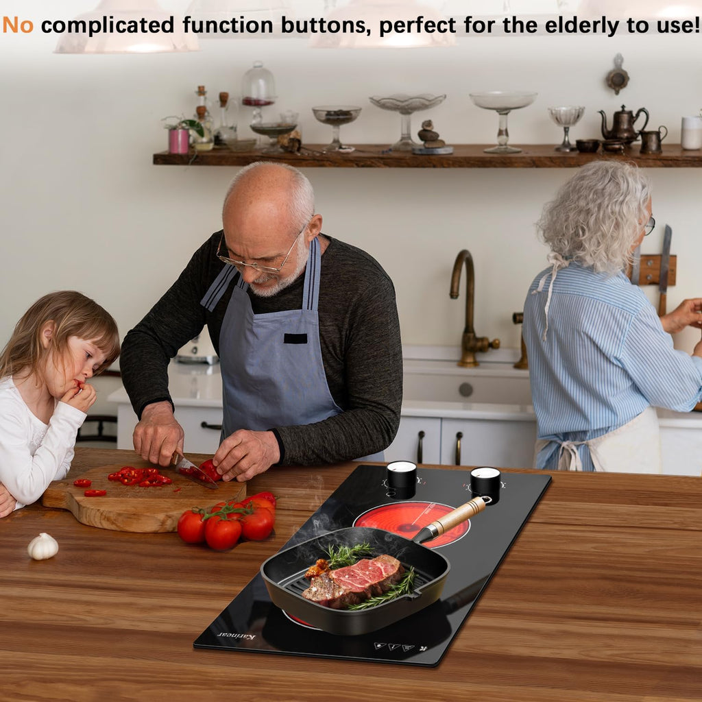 Karinear 110V Electric Cooktop 2 Burners Electric Stove 12 Inch Knob Control Countertop & Built-in Ceramic Cooktop, 9 Heating Level, Hot Warning, Over-Temperature Protection(White Knob)