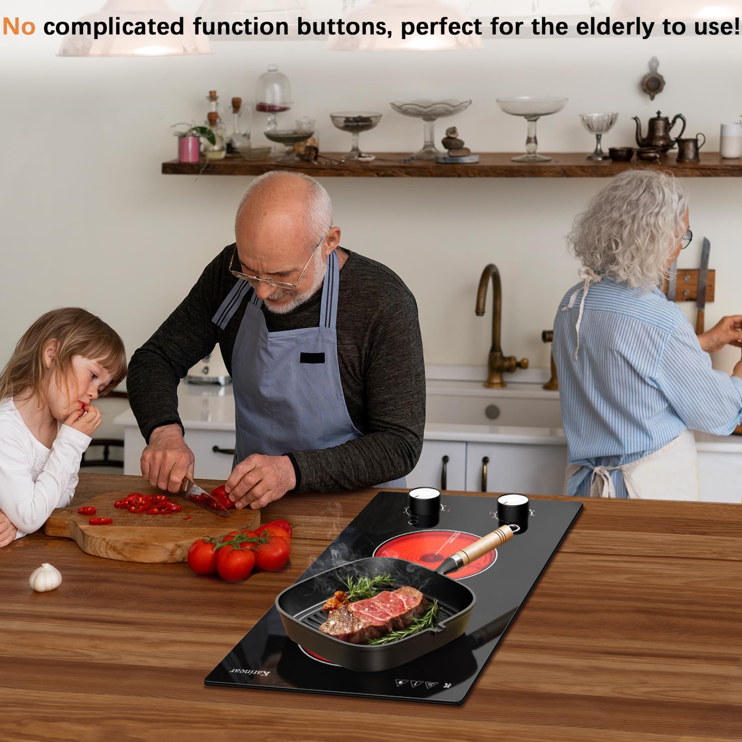 Karinear 110V Electric Cooktop 2 Burners Electric Stove 12 Inch Knob Control Countertop & Built-in Ceramic Cooktop, 9 Heating Level, Hot Warning, Over-Temperature Protection(White Knob)
