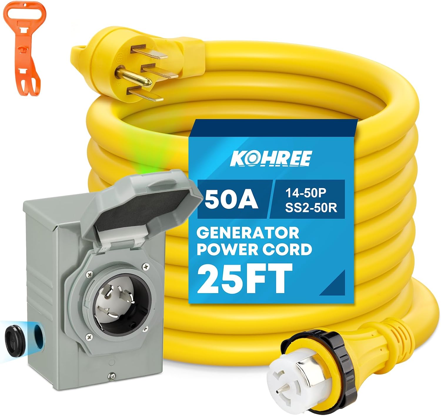 Kohree 50 Amp Generator Cord and Power Inlet Box Kit, 25FT NEMA 14-50P to SS2-50R Generator Extension Cord, 50Amp Pre-drilled Generator Inlet Box with Cable Waterproof Combo Kit, 125/250V, ETL Listed