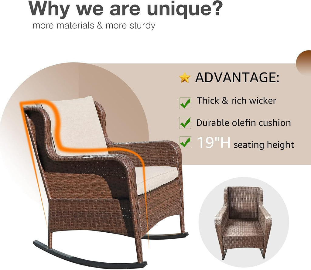 SUNSITT Outdoor Resin Wicker Rocking Chair with Olefin Cushions, Patio Yard Furniture Club Rocker Chair, Brown Wicker & Beige Cushions