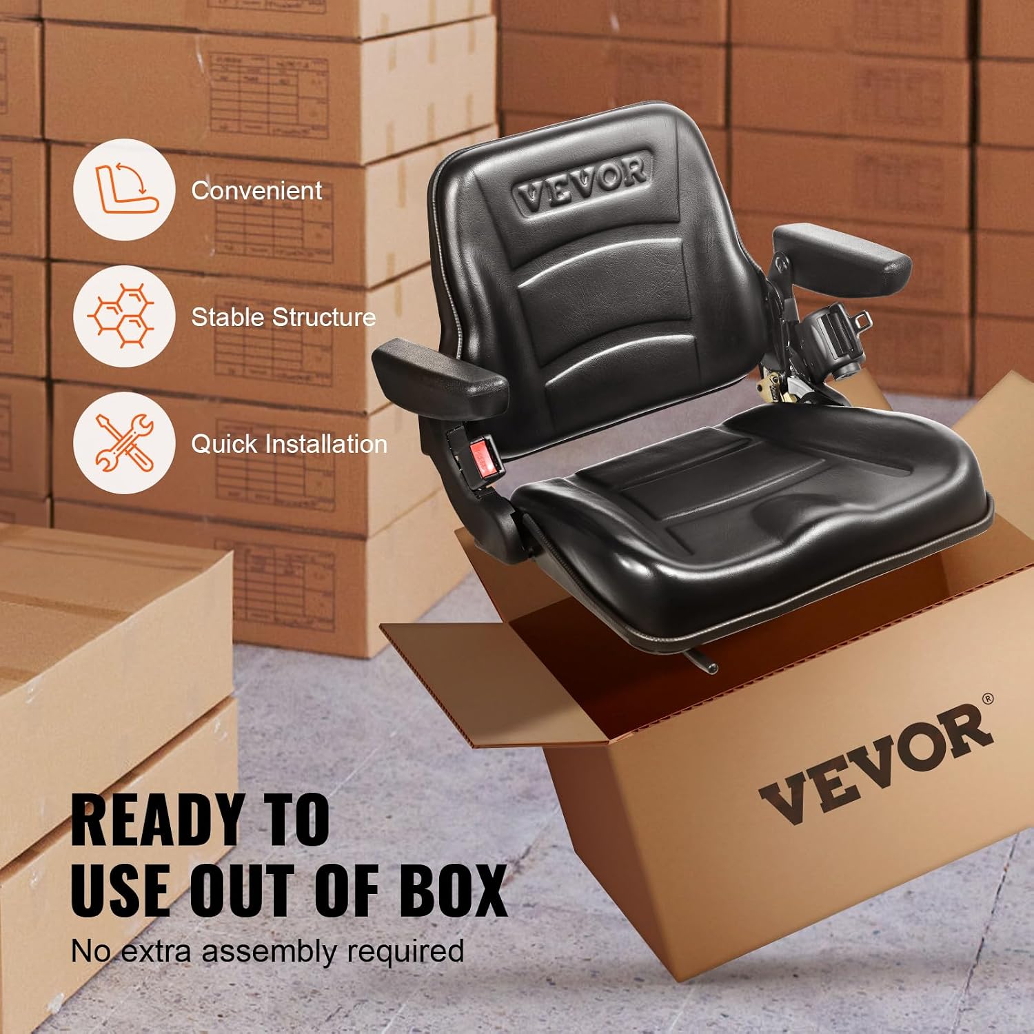VEVOR Fold Down Tractor Seat with Adjustable Angle Back, Micro Switch, Seatbelt and Armrests, 6.3-13.4 inch Slot Seat for Loader, Excavator