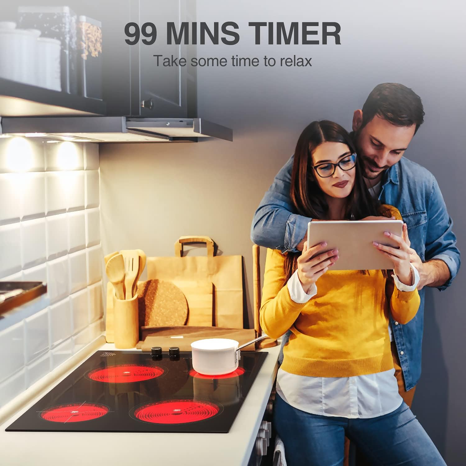 GIHETKUT 4 Burner Electric Cooktop,7200W Built-in & Countertop 4 Burner Electric Stove Top with 9 Power Levels, Child Safety Lock & 99mins Timer, 30 inch Electric Cooktop 220-240V (No Plug)