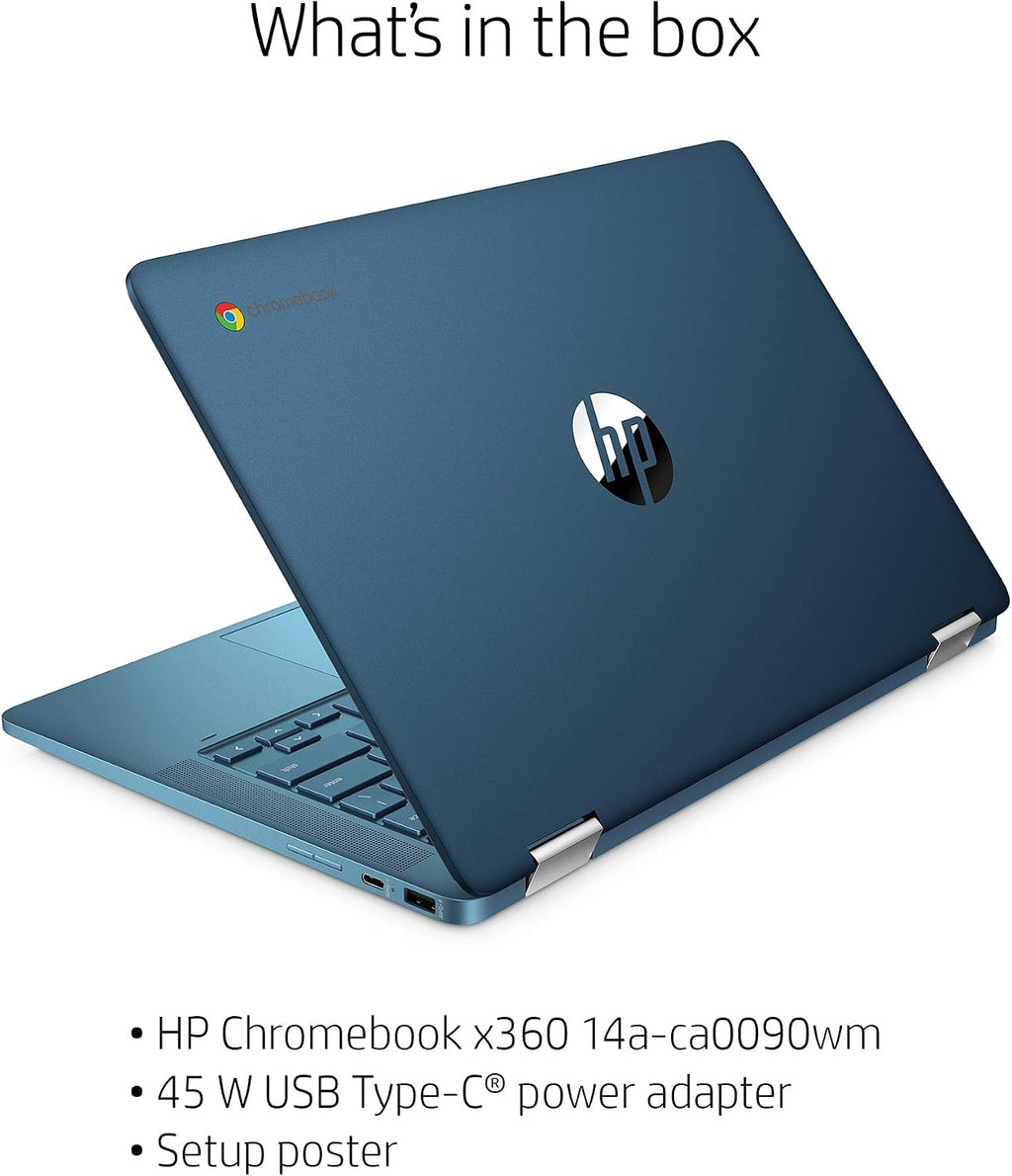 Laptop HP X360 14a Chromebook 14' HD Touchscreen, Entertaining from Any Angle Intel Celeron, 4GB LPDDR4 64GB eMMC WiFi Webcam Stereo Speakers Bluetooth 4.2 Chrome Blue Metallic Color (Renewed)