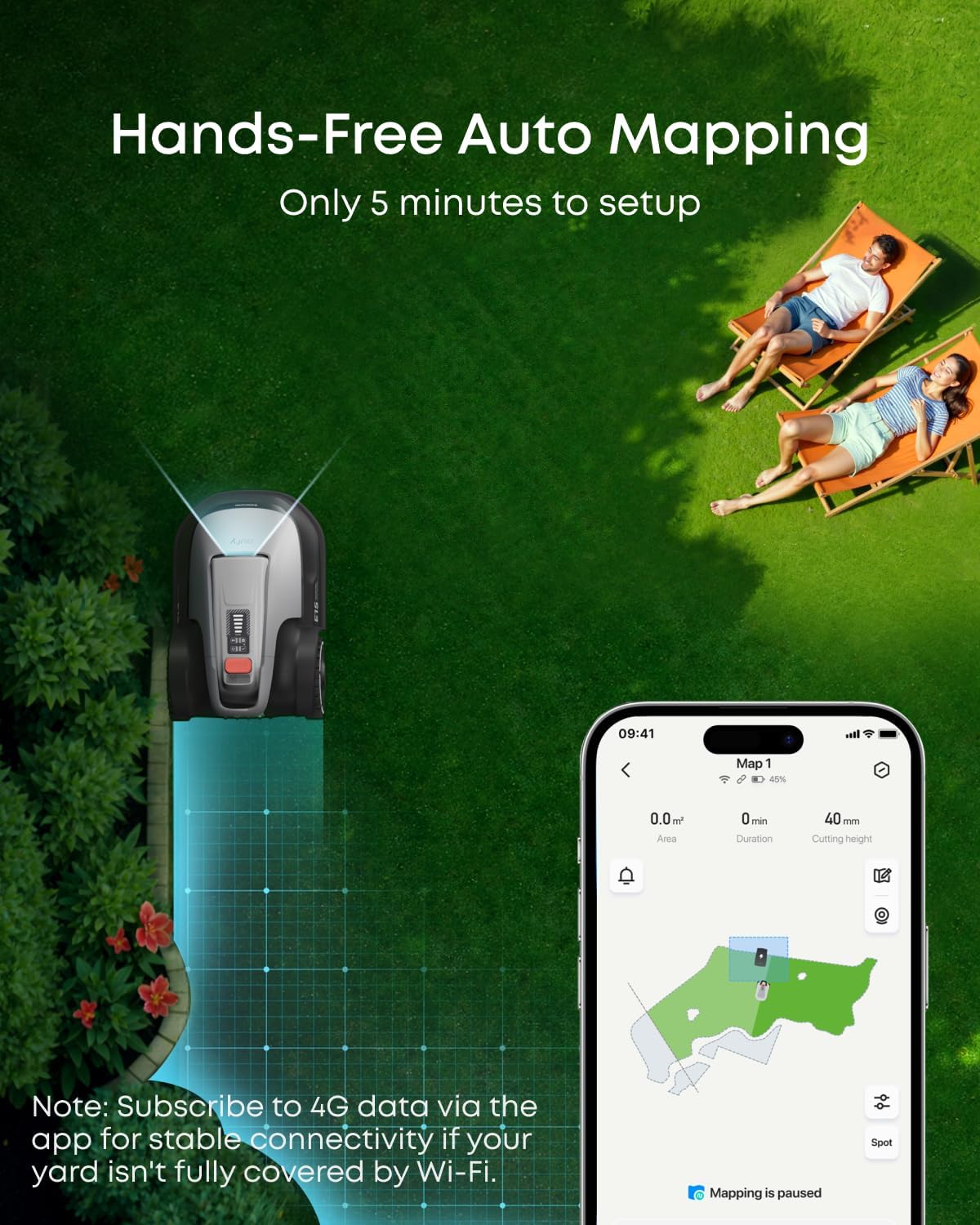 eufy E18 Robot Lawn Mower, Max 0.3 Acres, Vision Navigation, Hands-Free Auto Mapping, Wire Free RTK Free, Multi-Zone Management, AI Obstacle Avoidance, APP Control, 18° Slope, Cut Height 1'-3'